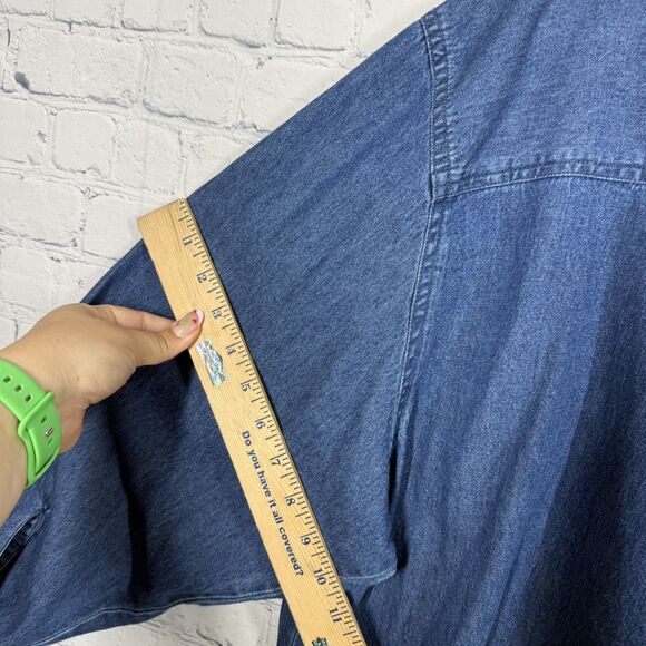 Vintage 90s Y2K Blouse Women Plus 2X Blue Denim Chambray Floral Embroidered Top - Picture 12 of 13